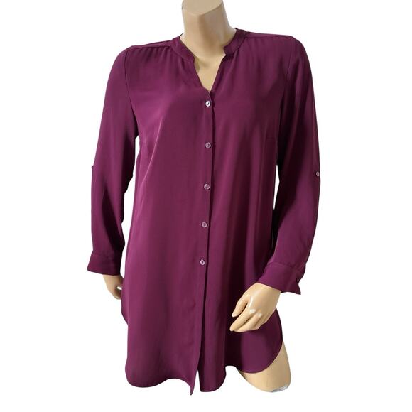 CHICOS Womens Size 0 Small Wine Purple Convertible Sleeve Button Up Tunic Shirt - Picture 1 of 11